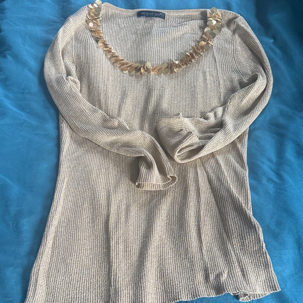 Chico's Beige Sweater with Embellished Neckline
